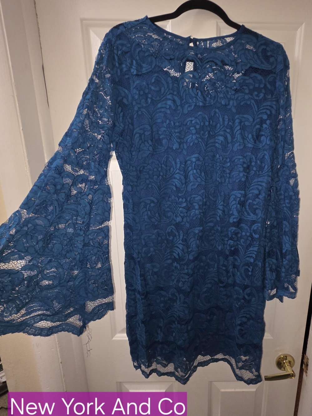 New York & Company Teal Blue Floral Lace Bell-Sleeve Dress
